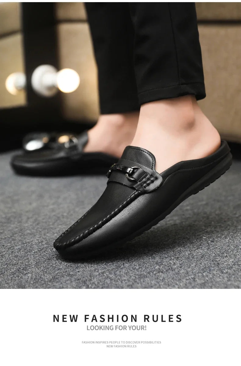 Summer Half Shoes For Men Comfortable Leather Casual Shoes Soft Flat Men's Loafers Lightweight Slip-on Shoes Man Daily Slippers