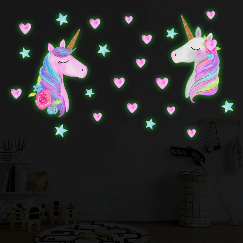 Cartoon Unicorn Luminous Wall Stickers For Kids Room Home Decor Wallpaper Glow In The Dark Wall Decals Unicorn Birthday Party