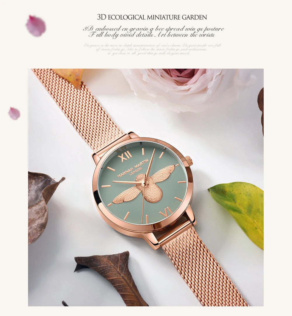 Hannah Martin 2023 New Women Luxury Watch Rose Gold 31mm Classic Casual Girl Dress Watch Bracelet Set 3D Engraved Bee Dial Clock