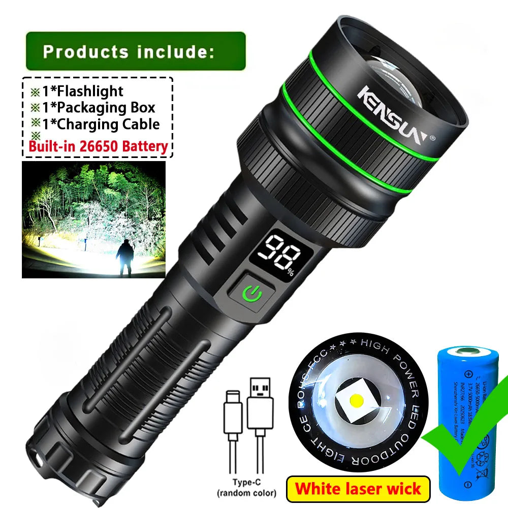 10000LM Most Powerful Led Flashlights Tactical 15000mah Built-in Battery 800W Flash Light Emergency Spotlights 4km Holiday Gifts