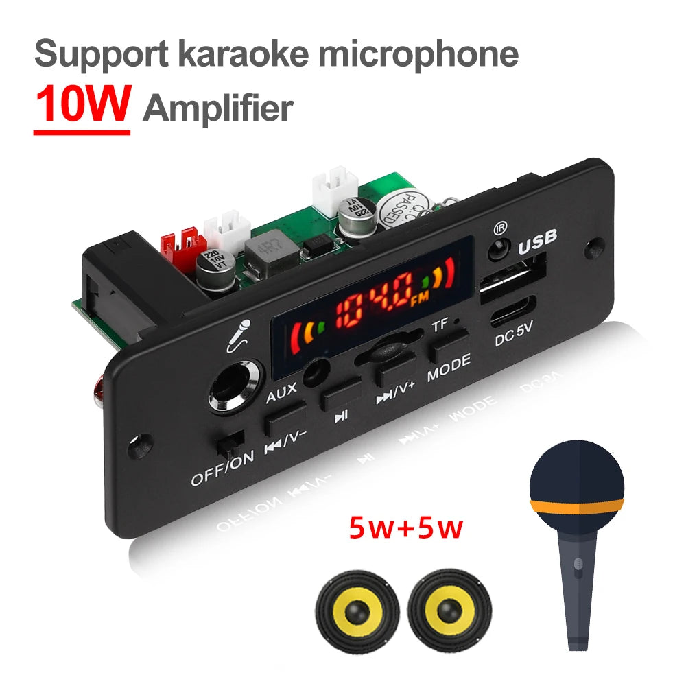 KEBIDU Bluetooth 5.0 MP3 Player With Mic 10W Amplifier WMA WAV APE Decoder Board Handsfree Car Audio Player USB AUX TF FM Radio