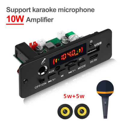 KEBIDU Bluetooth 5.0 MP3 Player With Mic 10W Amplifier WMA WAV APE Decoder Board Handsfree Car Audio Player USB AUX TF FM Radio