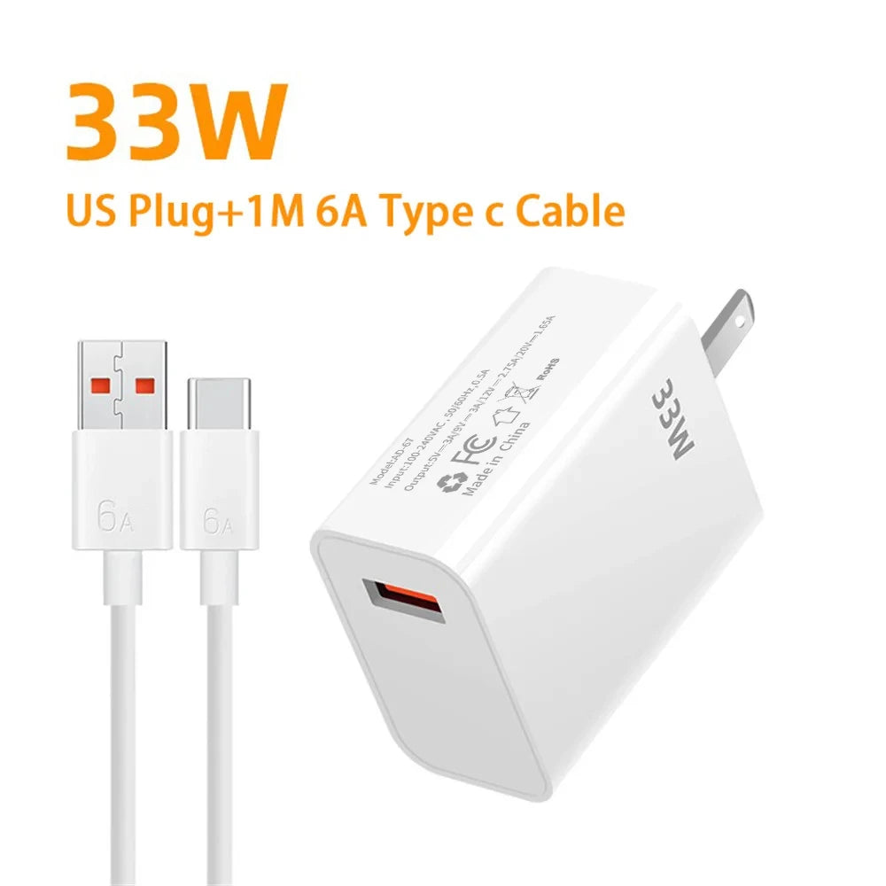 33W USB Fast Charger 6A Type-C Cable QC 3.0 Mobile Phone Adapter For Samsung Xiaomi iPhone EU US Plug Wall Travel USB Charger