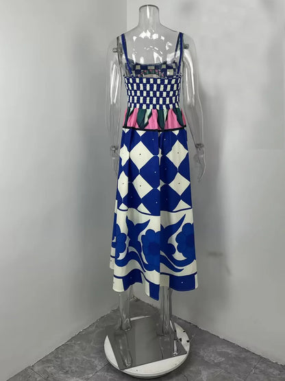 VEITCHE Fashion Women Print Suspenders Blue Ocean Fish Pattern Sexy Long Dress 2025 New Spring Summer Temperament Maxi Dresses