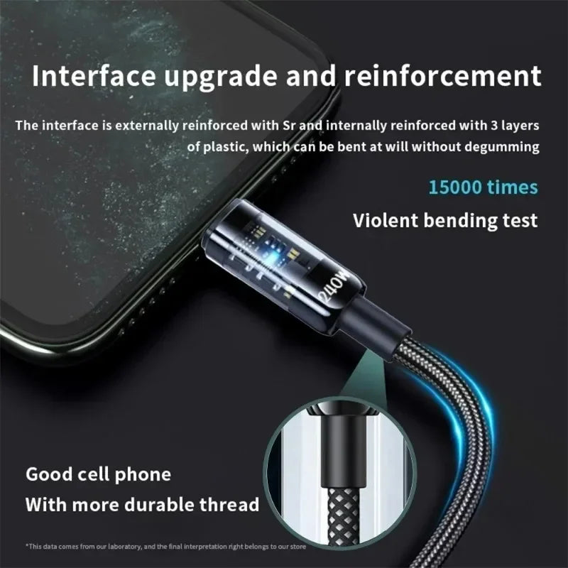 0.25/1/1.5/2M 240W Nylon USB C PD Super Fast Charging Data Cable with LED Digital Display USB To Type C Quick Charge Data Cords