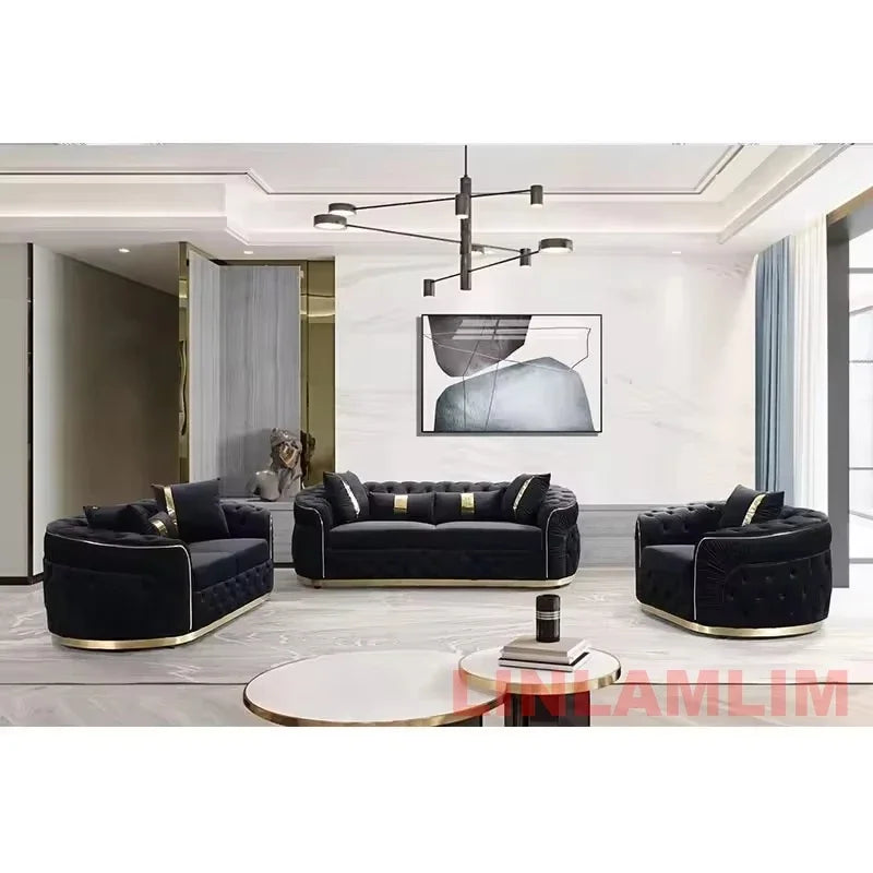 Luxury Chesterfield Sectional Sofa Set with Cloth Buttons and Fabric Modular Couch with Gold Stainless Steel Base, 3-seater Sofa