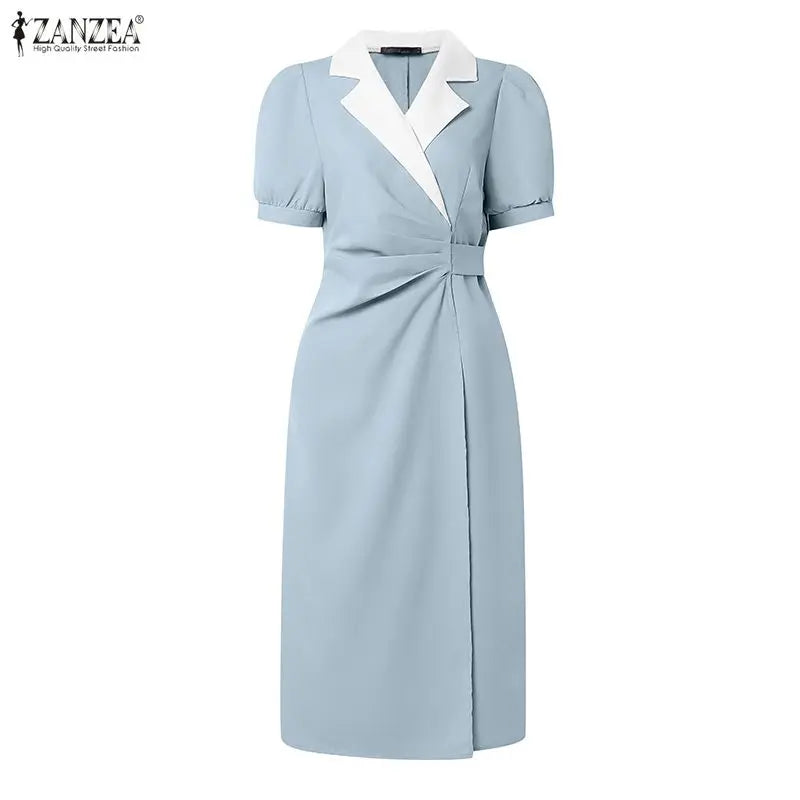ZANZEA Elegant vColor-Blocked Bodycon A-Line Midi Dress Lapel Collar Short Puff Sleeves Ruched Waist Office Work Vestidos