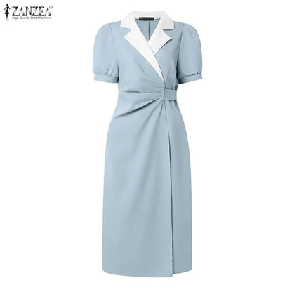 ZANZEA Elegant vColor-Blocked Bodycon A-Line Midi Dress Lapel Collar Short Puff Sleeves Ruched Waist Office Work Vestidos