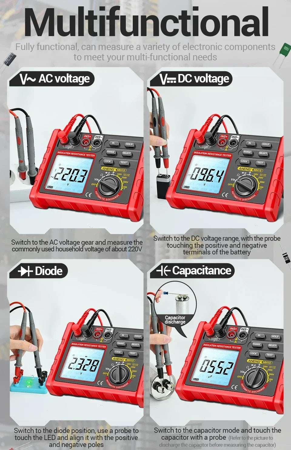 ANENG MH15 Digital Megohmmeter 1000V High Voltage Insulation Test 2000MΩ High Resistance Measurement Electrical Testing Artifact