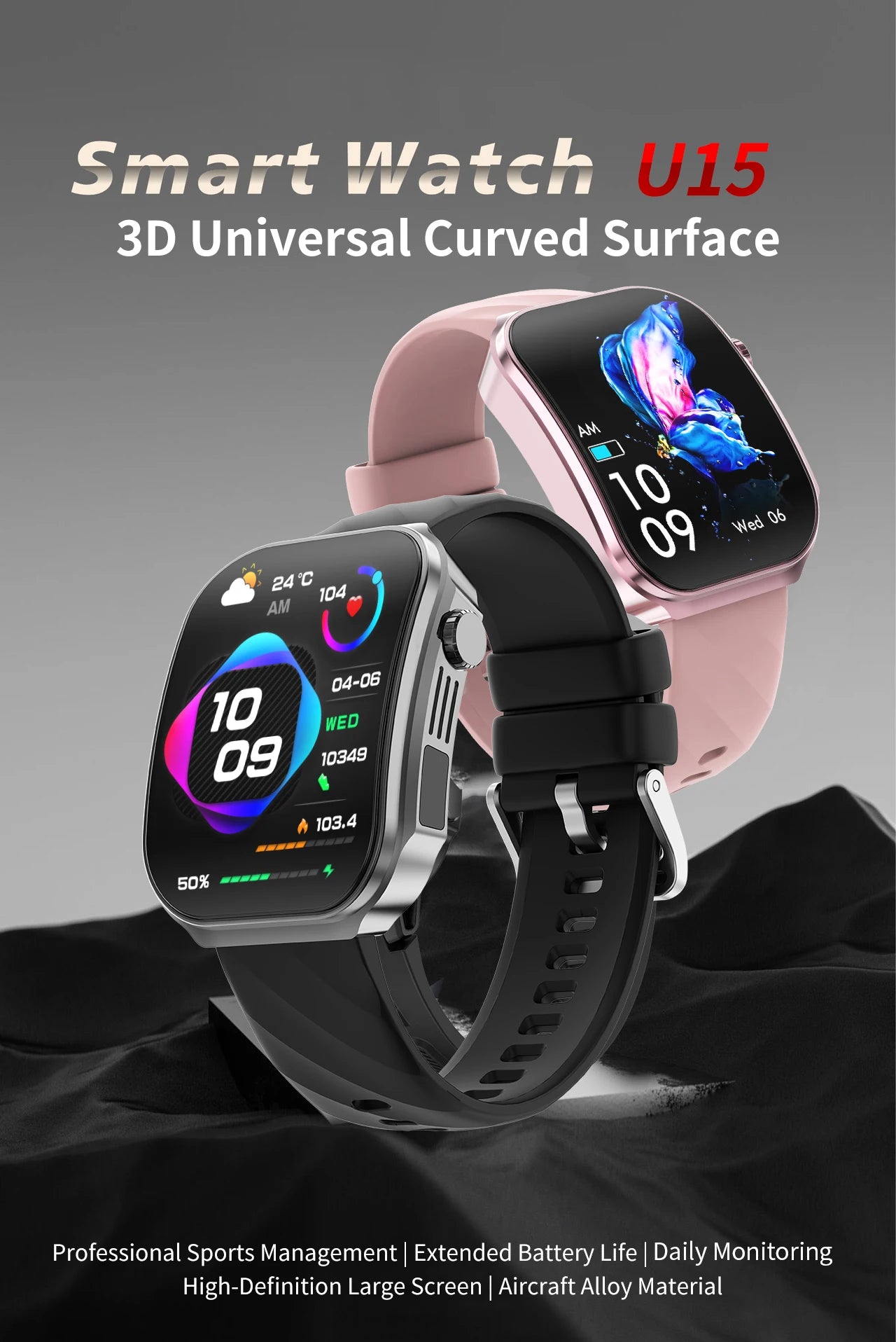 LIGE Nowy smartwatch z zakrzywionym ekranem 3D o przekątnej 2,2 cala z podświetleniem LED, termometrem, monitorem zdrowia, połączeniami BT i funkcjami sportowo-fitnessowymi