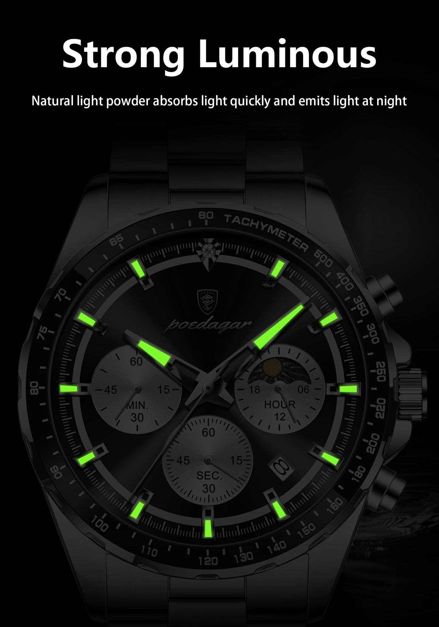 POEDAGAR Top Original Man Wristwatch Waterproof Stainless Steel Luminous Men Clock Chronograph Date Quartz Sports Men's Watches