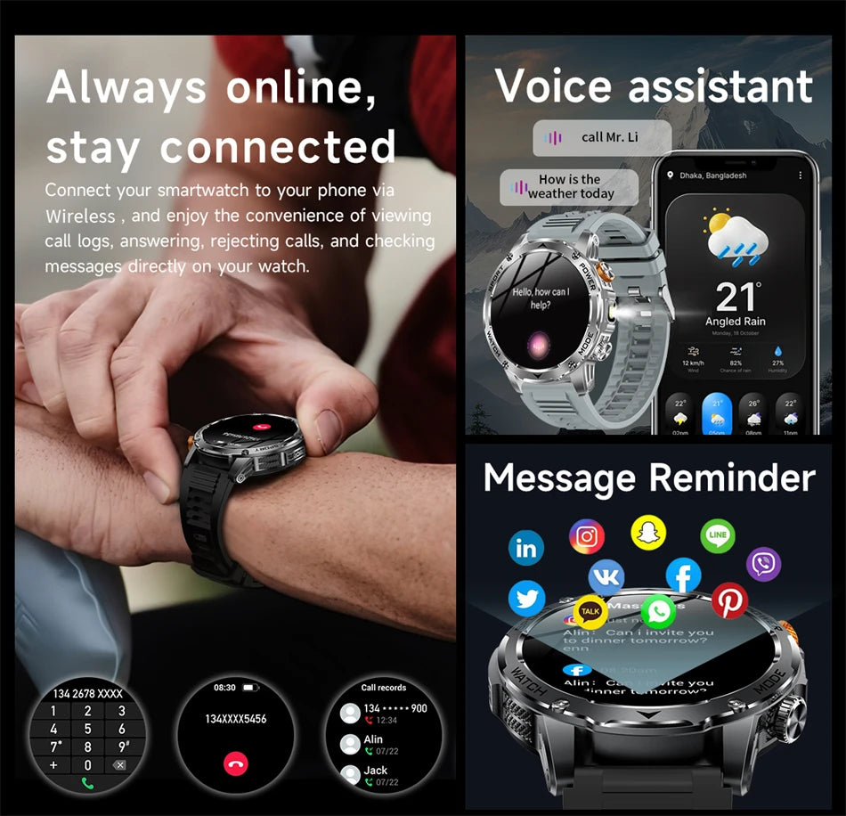 LIGE Military Smart Watch Men 1000mAh Battery Outdoors LED Flashlight Waterproof Heart Rate Sport BT Call 1.7" AMOLED Smartwatch