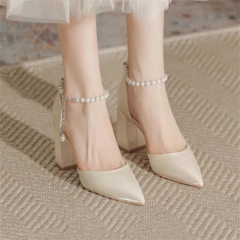 Elegant Pearl Embellished Pointed Toe Chunky Heel Open Toe High Heels Wedding Shoes for Women Comfortable Dress Pumps Stylish