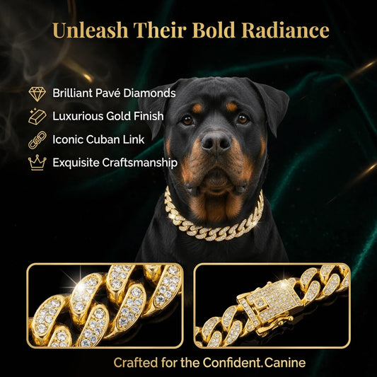 Luxury Hip Hop Dog Collar, Gold Tone Stainless Steel Cuban Chain, Durable Diamond Inlaid Pet Jewelry for Daily Walking