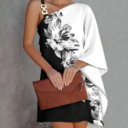 2026Women's New Printed Sexy Asymmetric One-Shoulder Strapless Dress, Elegant Style, Suitable for Summer