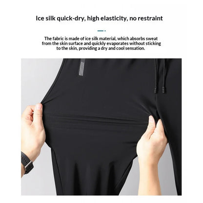 Men's Ice Silk Quick Dry Pants Lightweight Breathable Casual Trousers Elastic Waist Drawstring Sports Pants with Zipper Pockets