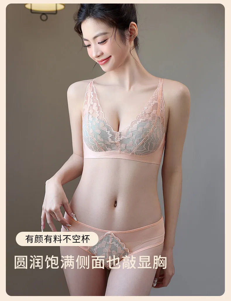 French Sexy Lace Bra and Panty Set for Women, Push Up Wireless Bralette, Comfortable & Breathable Small Chest, Bestseller MOYISU