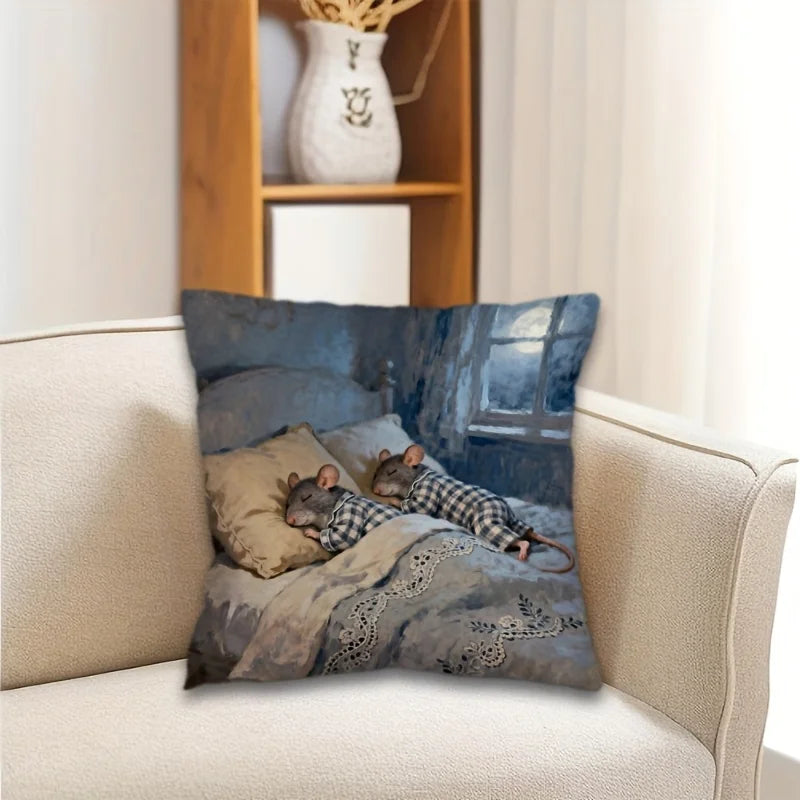 Cute Sleeping Mice Pillowcase, Plaid Pajamas Rat Cushion Cover, Funny Animal Art Decor for Living Room Sofa