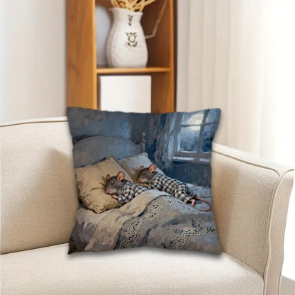Cute Sleeping Mice Pillowcase, Plaid Pajamas Rat Cushion Cover, Funny Animal Art Decor for Living Room Sofa