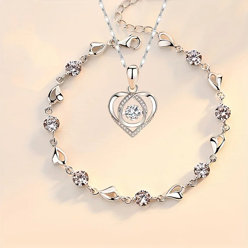 2pcs/set 925 Sterling Silver Heart Bracelet Necklace Jewelry Set for Women Korean Adjustable Charm Bracelet Luxury Party Jewelry