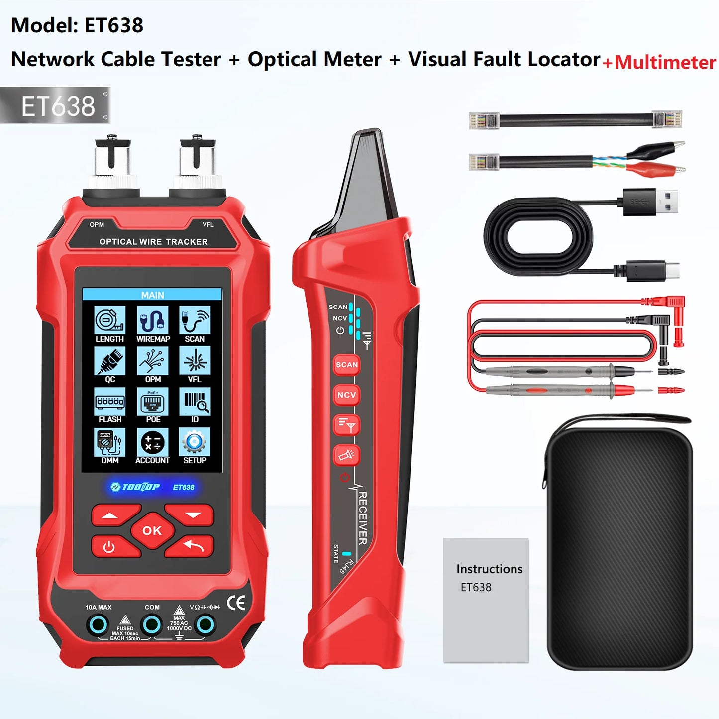 TOOLTOP Network Cable Tester 4 in 1 Multi-function Fiber Optical Power Meter Visual Fault Locator noise-free LAN Line Tracking