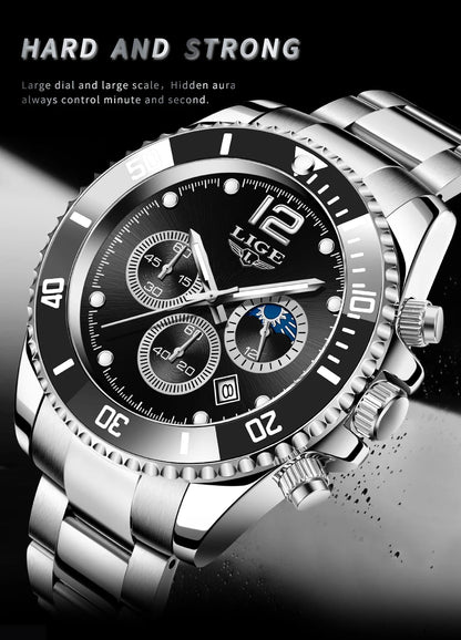 LIGE Outdoor Sport Watch For Men Fashion Military Waterproof Luminous Men Watch Round Stainless Steel Quartz Chronograph Male