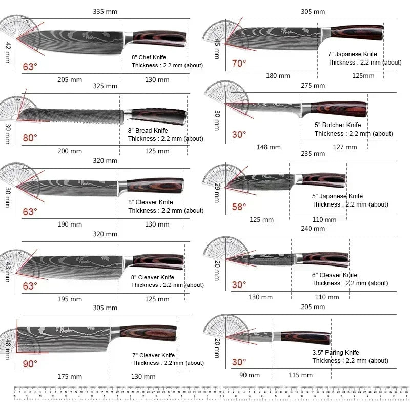 Damascus Chef's Knife Kitchen Knives Set Professional Boning Knife Meat Cleaver Utility Knife Japanese Santoku Knife with Cover
