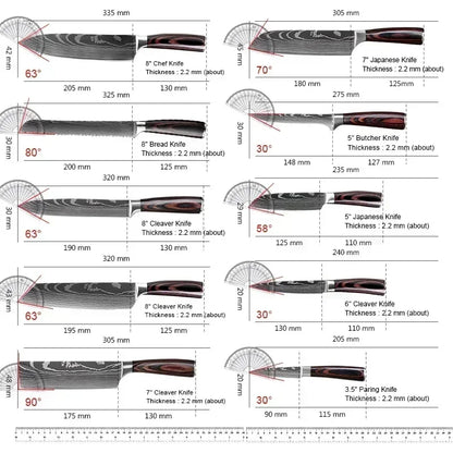 Damascus Chef's Knife Kitchen Knives Set Professional Boning Knife Meat Cleaver Utility Knife Japanese Santoku Knife with Cover