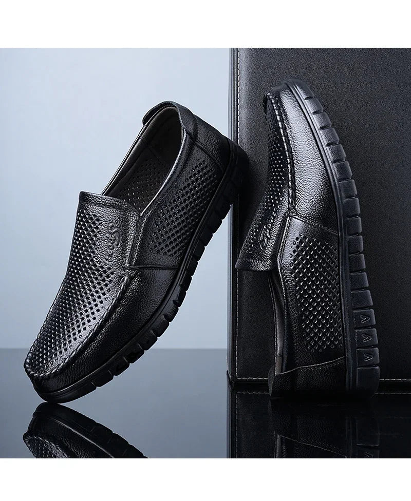Men's Slip-On Loafers Summer Hollow Out Breathable Casual Shoes Comfortable Soft Sole Anti-Slip Leather Shoes-8822