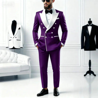 2-Piece Men's Casual Smolking Set with White Lapel Blazer And Black Pants Wedding Groomsmen Suit for Ceremony And Festa
