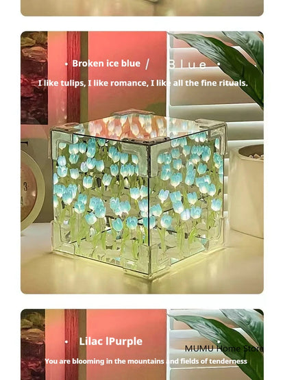 DIY 3D Cloud Tulip LED Night Light Flower Sea Mirror Table Lamps Cube Mirror Atmosphere Night Light Bedroom Decor Table Lamp