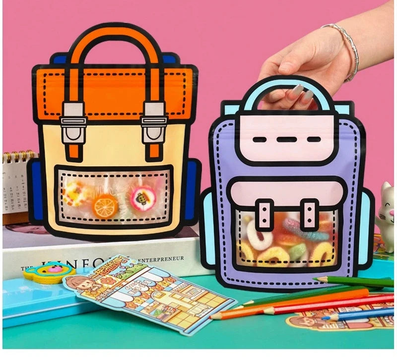 10-50 PCS Cartoon Self-Sealing Snack Bags Schoolbag Shape Biscuit Candy Handbags Children's Day Kids Birthday Gift Packaging Bag
