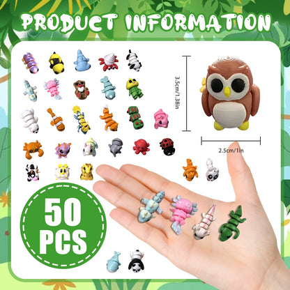 10/20/30/50Pcs Mini 3D Printed Animal Figurines Set, Articulated Flexible Fidget Toys Cute Desk Pets Decor for Fun Party Favors