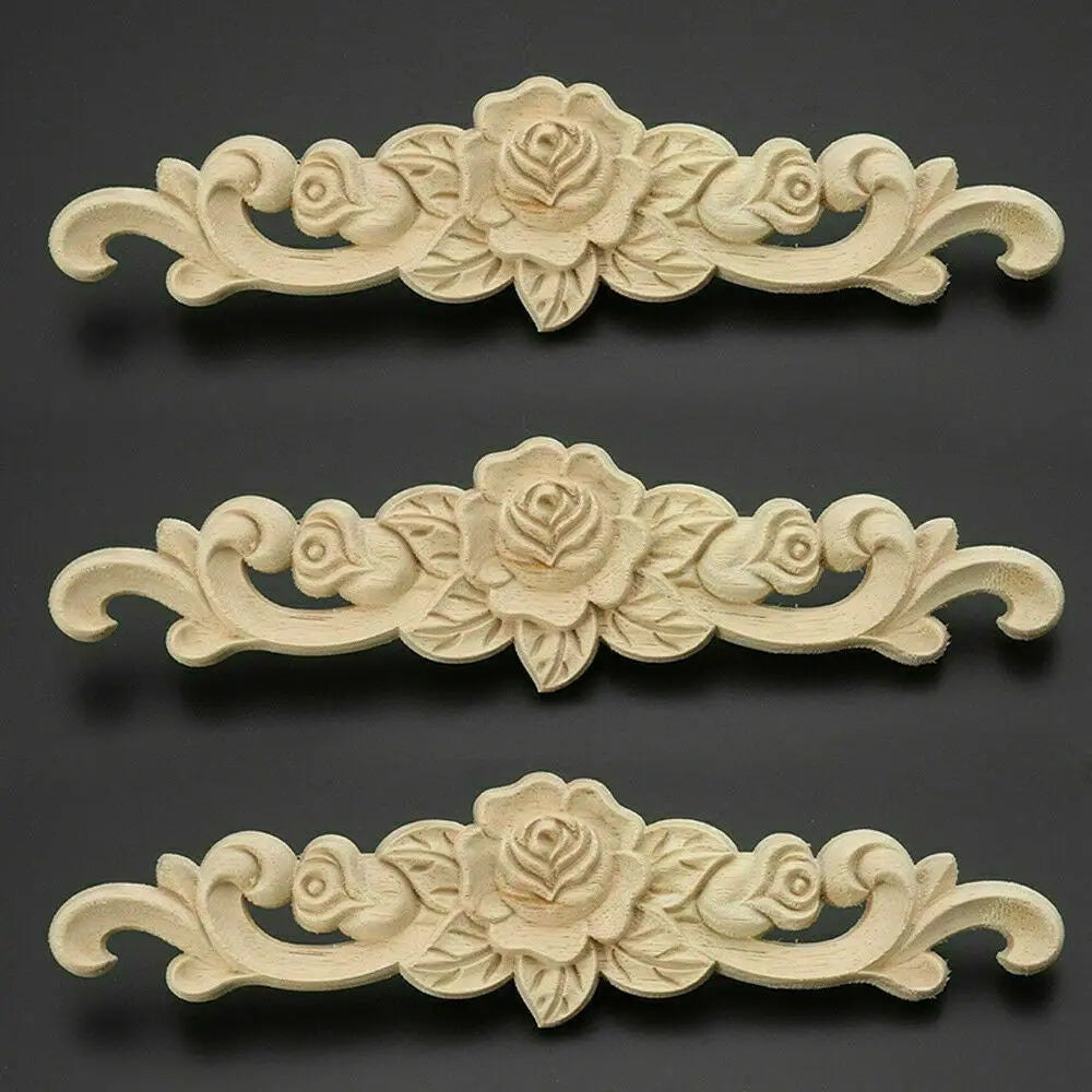 Natural Floral Wooden Carved Applique Wooden Figurines Crafts Corner Frame Appliques Frame Wall Door Furniture Woodcarving Decor
