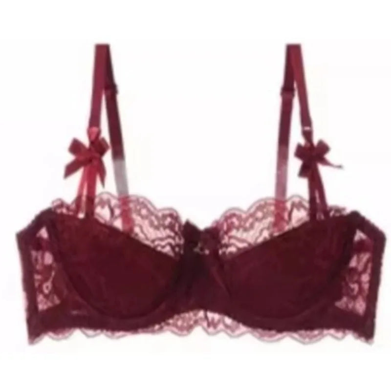 French Pure Passion Bow Shaped Shoulder Strap Lace Sexy Half Cup Push Up Bra Set Women's Thin Lingerie Big Breast Small Cup S-XL