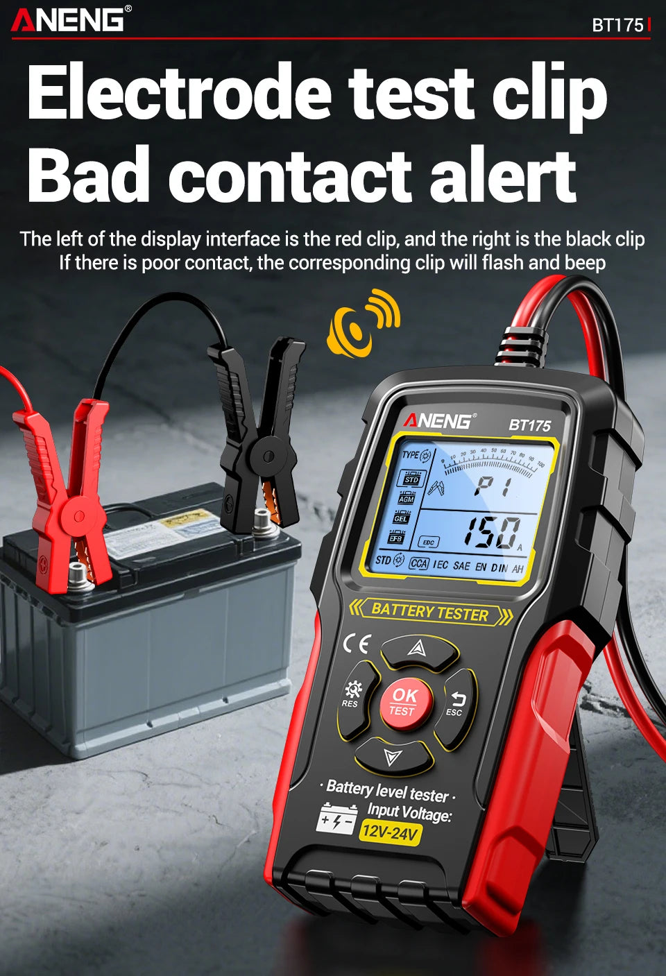 12V 24V Digital Car Battery Tester Alternator Automotive Analyzer Display Screen ANENG BT175 With Insulated Alligator Clip Tools