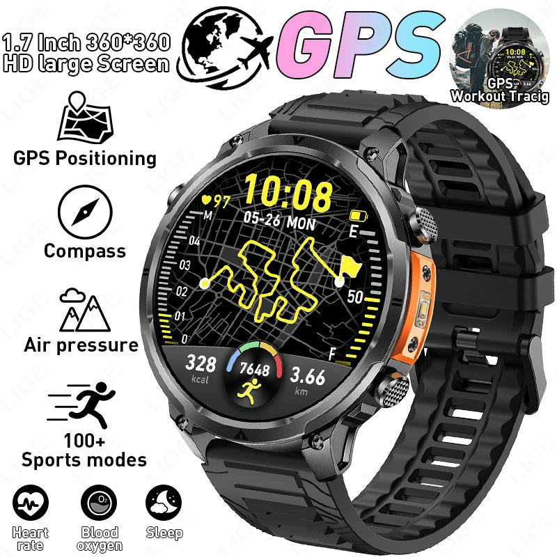 LIGE 2026 Nowy Męski Wojskowy Zegarek Smartwatch GPS Mapa Kompas Pamięć 4GB Bateria 1000mAh Wodoodporność 10ATM Rozmowy Bluetooth HD