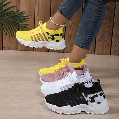 Leopard Print Knit Women's Sneakers Breathable Mesh Lace Up Casual Walking Shoes Non-Slip Thick Sole Fashion Sport Trainers for
