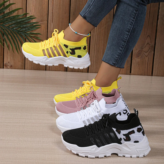 Leopard Print Knit Women's Sneakers Breathable Mesh Lace Up Casual Walking Shoes Non-Slip Thick Sole Fashion Sport Trainers for