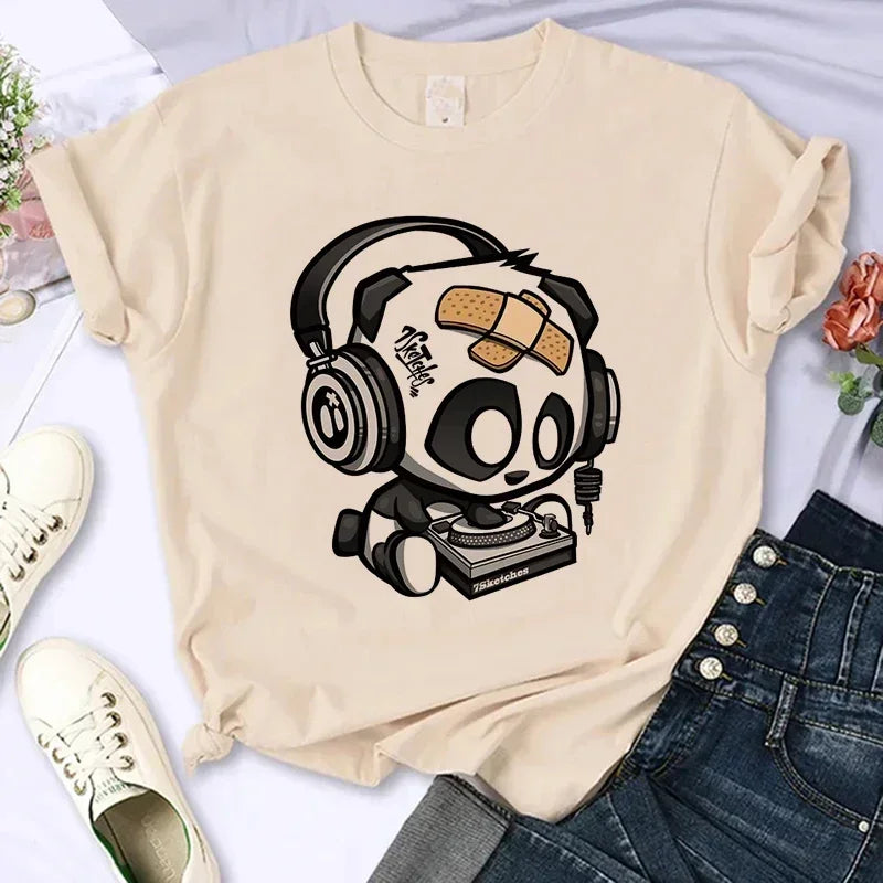 Cartoon Casual Creative T-shirt Vintage Round Neck Clothes Funny Cute Panda Printed T Shirt for Women Summer Sleeve