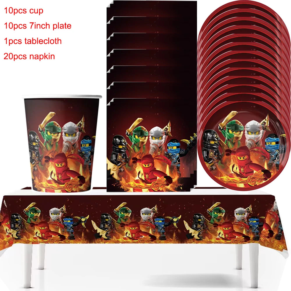 Ninjas Birthday Party Decoration Set Tableware Tablecloth Cup Plate Balloon Cake Topper Candy Boxes Party Favors Supplies Gifts