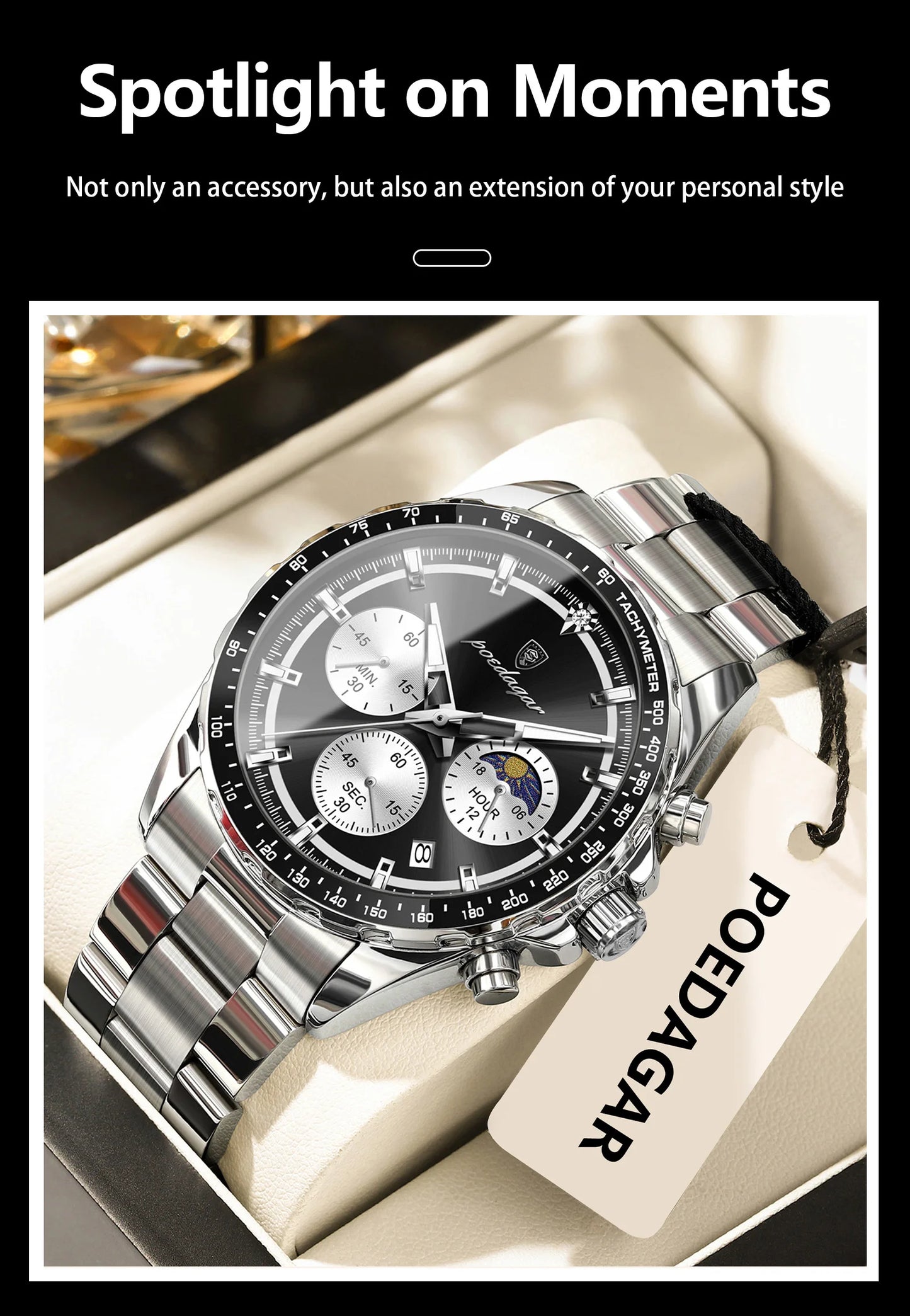 POEDAGAR Top Original Man Wristwatch Waterproof Stainless Steel Luminous Men Clock Chronograph Date Quartz Sports Men's Watches