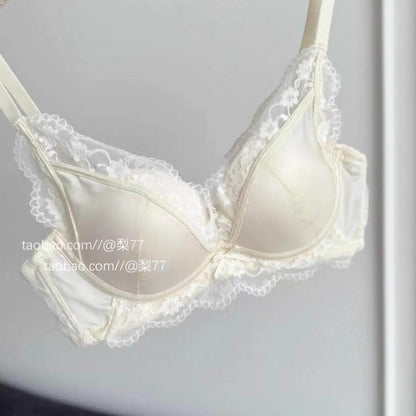 French Style Lace Satin Splice Bra Set Women Small Chest Gathered Lift Up Comfortable Soft Daily Underwear Lingerie Suit 32-38AB