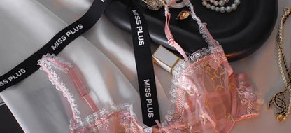 French Embroidered Lace Sheer Bra Set Women, Thin No Sponge Cups, Anti-Slip Support, Large Breasts Small Soft Comfort Wear S-xl