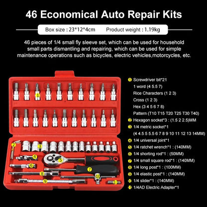46pcs Drive Ratchet Torque Wrench Combo Auto Repairing Set Mechanic Tool Car Repair Tool Kit 1/4-Inch Socket Set Car Repair Tool