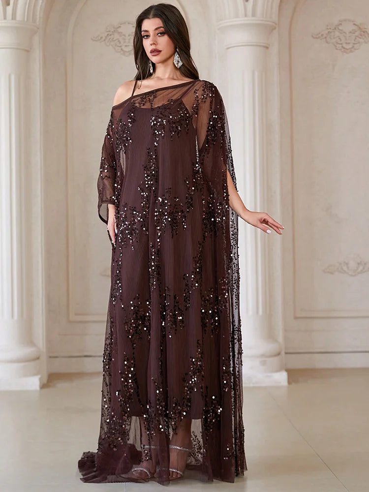 TOLEEN Elegant Round Batwing Sleeve Women's Robe, Decorated With Contrast Sequins And Ruffle Details, Non-Stretch Fabric Spring