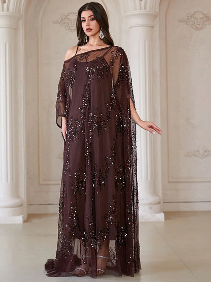 TOLEEN Elegant Round Batwing Sleeve Women's Robe, Decorated With Contrast Sequins And Ruffle Details, Non-Stretch Fabric Spring