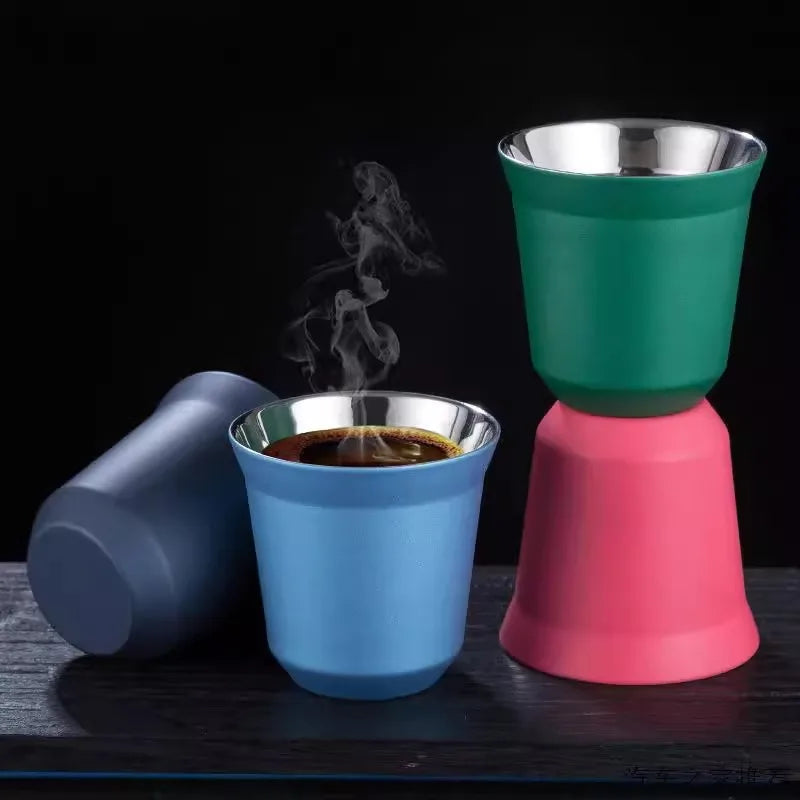 80ml New Simple Flat Bottom Cup Stainless Steel Double-layer Inner Tank Capsule Coffee Cup High-grade Solid Color Water Cup