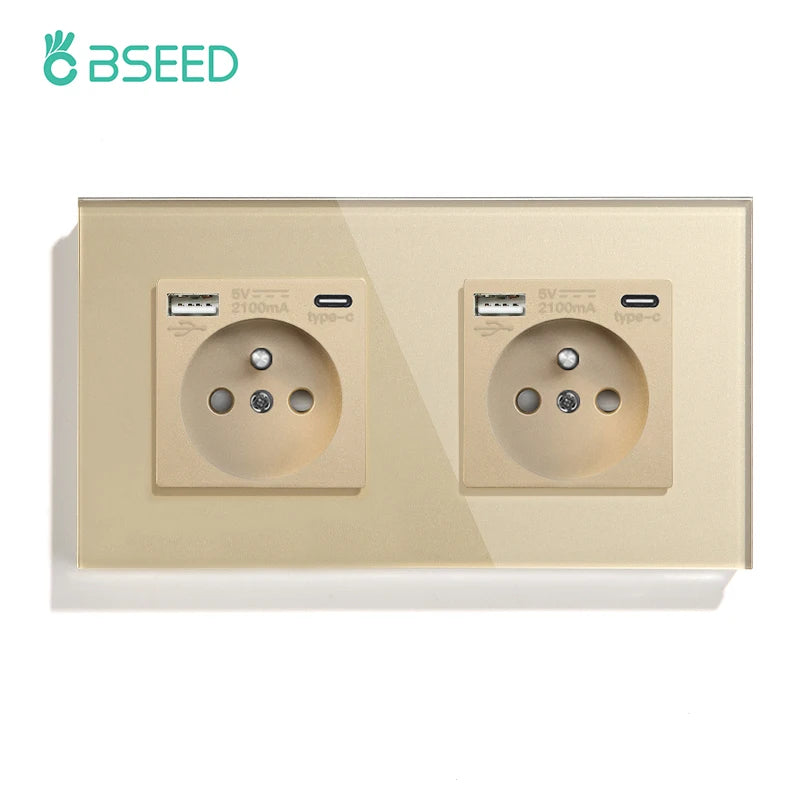 BSEED France Standard Single Wall French Socket Double Power Plug With White Black Gloden Crystal Glass Panel 16A 110V-250V