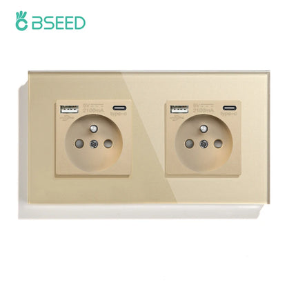 BSEED France Standard Single Wall French Socket Double Power Plug With White Black Gloden Crystal Glass Panel 16A 110V-250V